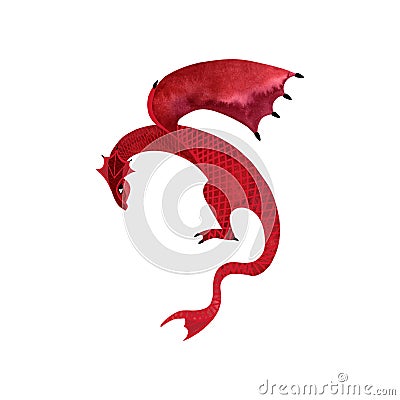 Red flying dragon from European legends. Monster. Fairytale character. Isolated watercolor illustration on white Cartoon Illustration