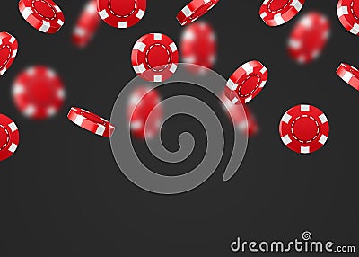 Red flying falling casino poker chips isolated on dark background. Jackpot or winner concept. Vector Illustration