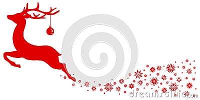 Red Flying Reindeer With Christmas Ball Looking Forward Stars Vector Illustration