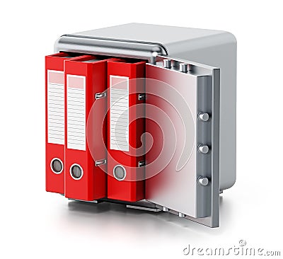 Red folders inside steel safe isolated on white background. 3D illustration Cartoon Illustration