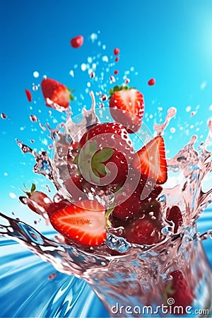 red food healthy water background blue splash freshness fruit strawberry fresh. Generative AI. Stock Photo