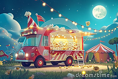 A red food truck is parked in front of a tent, providing delicious meals and refreshments to customers, Cartoon-style food truck Stock Photo