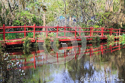 Red Footbridge Over Pond Charleston South Carolina Stock Photo