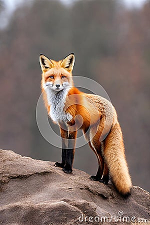 A stunning red fox stands poised on a rocky outcrop Stock Photo