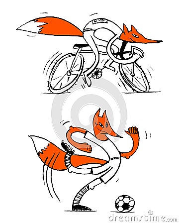 Fox on the bike and fox football player. Color manual graphics, perfect for registration of sporting events, children`s events. Stock Photo