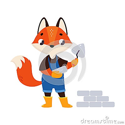 Red Fox Builder Character Laying Bricks Vector Illustration Vector Illustration