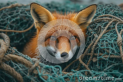 A Startling Capture of a Red Fox Trapped in a Fishing Net, Eliciting a Strong Emotional Reaction and Shedding Light Stock Photo