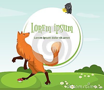 Red fox and crow with cheese. Funny characters. Vector Illustration