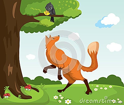 Red fox and crow with cheese. Funny characters. Vector Illustration