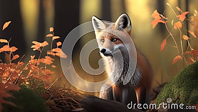 Red fox in a forest with a trees in the background. Furry animal walking around and looking for a prey Stock Photo