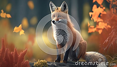 Red fox in a forest with a trees in the background. Furry animal walking around and looking for a prey Stock Photo