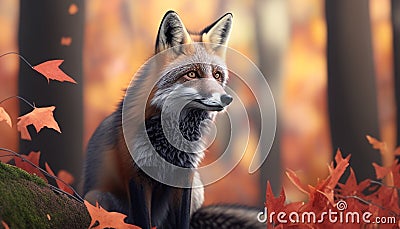 Red fox in a forest with a trees in the background. Furry animal walking around and looking for a prey Stock Photo