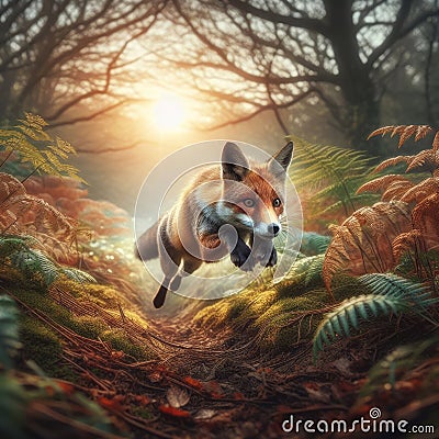 Red fox runs through the undergrowth in the countryside Stock Photo