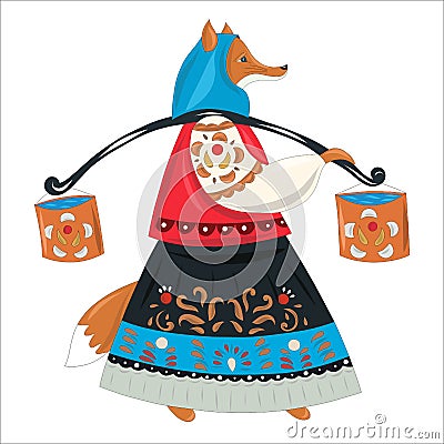 Red fox in a Russian folk costume with a yoke and buckets of water. Russian, Ukrainian or Berorussian folklore. Vector Illustration