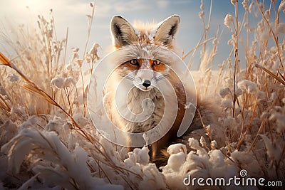 red fox in a snowy field with winter reeds at golden hour Stock Photo