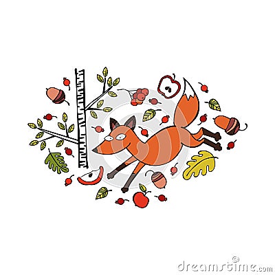 Red fox. Trees, branches, leaves. Berries and apples. Acorns. Isolated object on white background. Stock Photo