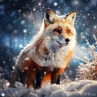 Red fox in white Cold winter with orange fur Hunting animal in the snowy Cartoon Illustration