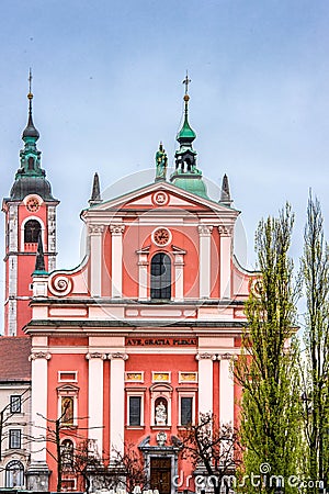 Red Franciscan Church in Ljubljana city center Stock Photo