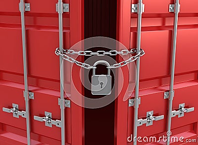 Red freight container is closed on the lock Cartoon Illustration