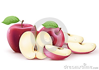 Red Fresh Apples Whole, Half and Sliced Wet and with Water Splash 3D Realistic Vector Illustration