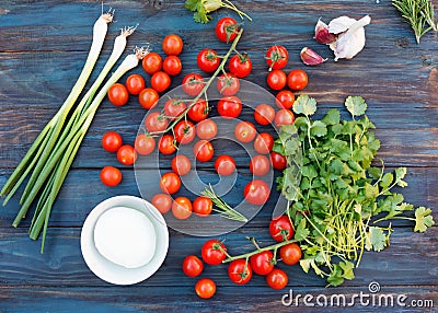 Red fresh tasty cherries, green spring onions, green rosemary, leaves of coriander, sweet cheese, garlic on dark rustic wo Stock Photo