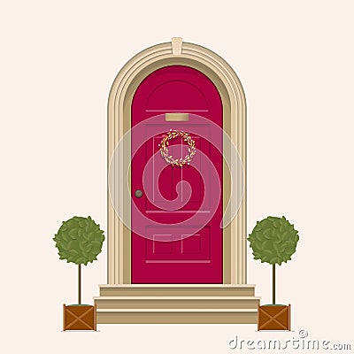 Red front door of house with pot plants Vector Illustration