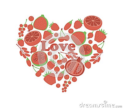 Red fruit berry heart love. Vegan vegetarian diet menu eco natural food. Pomegranate cranberry barberry guava vector Vector Illustration
