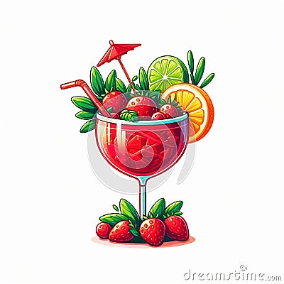 Red fruits drink watercolor illustration. Refreshing drinks for summer. AI generated Cartoon Illustration