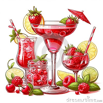 Red fruits drink watercolor illustration. Refreshing drinks for summer. AI generated Cartoon Illustration