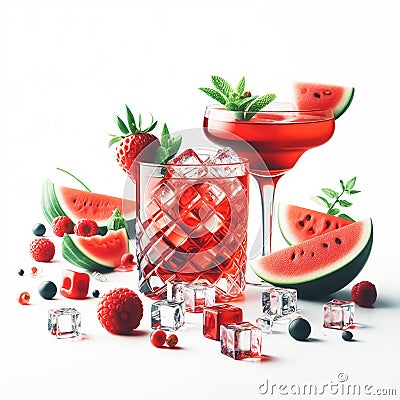 Red fruits drink watercolor illustration. Refreshing drinks for summer. AI generated Cartoon Illustration