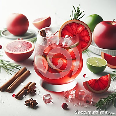 Red fruits drink watercolor illustration. Refreshing drinks for summer. AI generated Cartoon Illustration