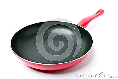 Red frying pan with teflon nonstick covering Stock Photo