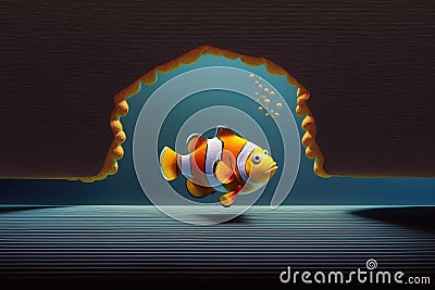 red funny clown fish on yellow plank at bottom of sea aquarium fish in space Stock Photo