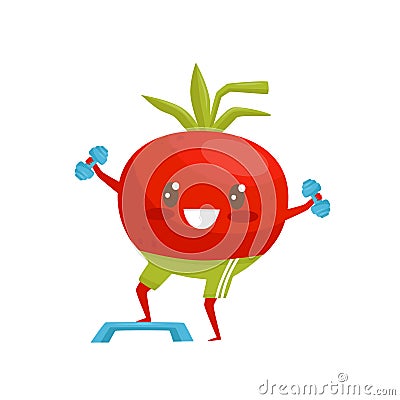 Red funny tomato exercising with dumbbells, sportive vegetable cartoon character doing fitness exercise vector Vector Illustration