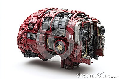Red futuristic AI powered brain shaped robot design mechanical details symbolizing advanced robotics cybernetics artificial Cartoon Illustration