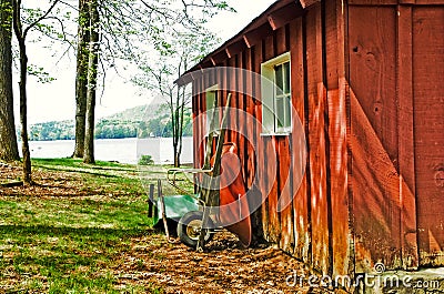 Red Garden Shed/Wheelbarrows Stock Photo