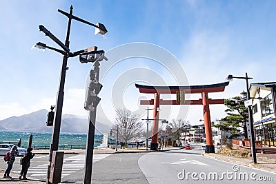 Red gate nearby lake at Kegon falls. Editorial Stock Photo