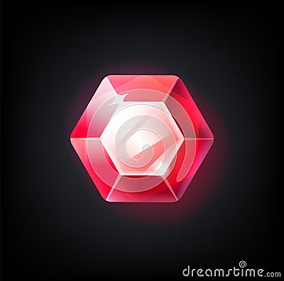Red gem. Cartoon jewelry for game achievement. Top view of faceted ruby. Isolated precious stone with light reflection Vector Illustration