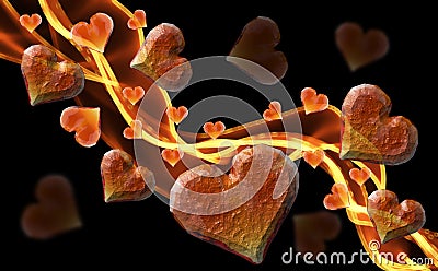 Red gem hearts leading fire smoke wave isolated on dark background. Geometric rumpled triangular low poly style graphic Cartoon Illustration