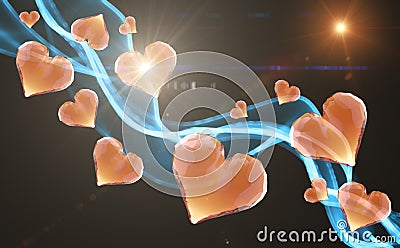 Red gem hearts leading fire smoke wave isolated on dark background. Geometric rumpled triangular low poly style graphic Cartoon Illustration