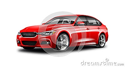 Red Generic Sedan Car On White Background With Isolated Path. Stock Photo