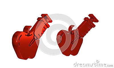 Red Genetically modified apple icon isolated on transparent background. GMO fruit. Syringe being injected to apple. Stock Photo