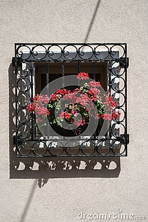 Red geraniums on window sill. Stock Photo