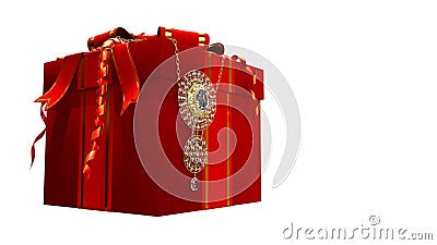 Red gift with bijouterie - goldish choker and diamonds on white backdrop, isolated, fictive design - object 3D rendering Stock Photo