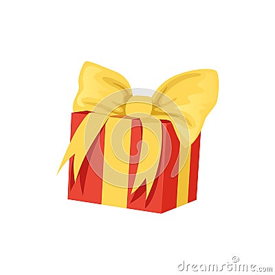 Red gift box with big yellow bow. Happy Birthday theme. Present for holiday. Element for greeting card or banner. Flat Vector Illustration