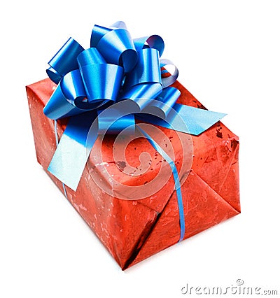 Red gift box with blue bow Stock Photo