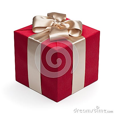 Red gift box with golden ribbon. Stock Photo