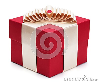 Red gift box with golden ribbon. Stock Photo