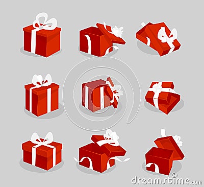 Red gift box icon set for web, games, Christmas cards etc. Cartoon red gift boxes with white ribbons isolated. Vector illustration Vector Illustration