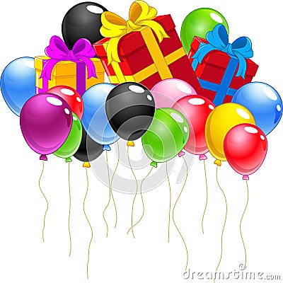 Red Gift Box With Many Colorful Balloons Cartoon Stock Photo